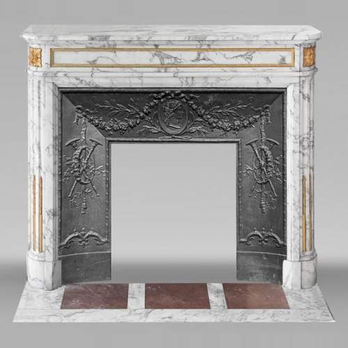 Louis XVI style fireplace in Arabescato marble, with bronze decoration