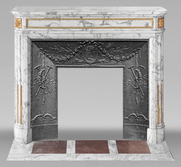 Louis XVI style fireplace in Arabescato marble, with bronze decoration-0