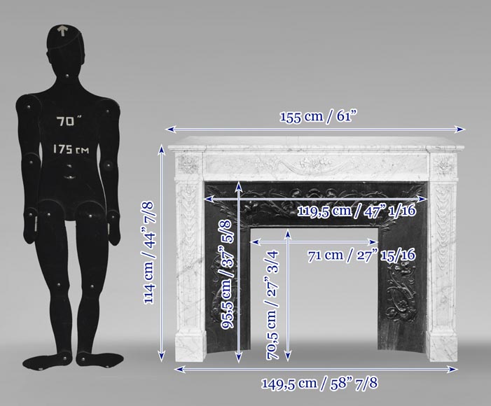 Louis XVI period fireplace with carved fruit decoration, in veined Carrara marble-14