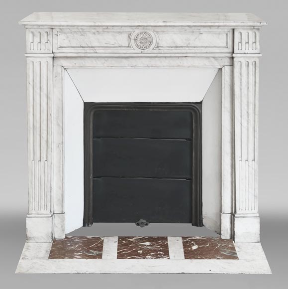 Louis XVI style fireplace adorned with a sunflower, in Carrara marble Louis XVI style fireplace adorned with a sunflower, in Carrara marble-0