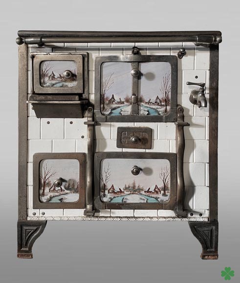 Cast-iron stove with faience imitation and snowy landscape decoration Cast-iron stove with faience imitation and snowy landscape decoration-0