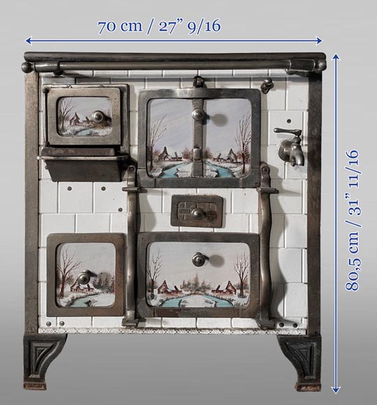 Cast-iron stove with faience imitation and snowy landscape decoration Cast-iron stove with faience imitation and snowy landscape decoration-6