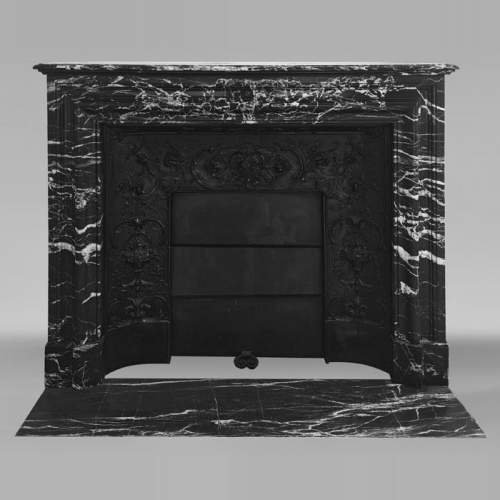 Louis XIV style fireplace in highly veined black Marquina marble