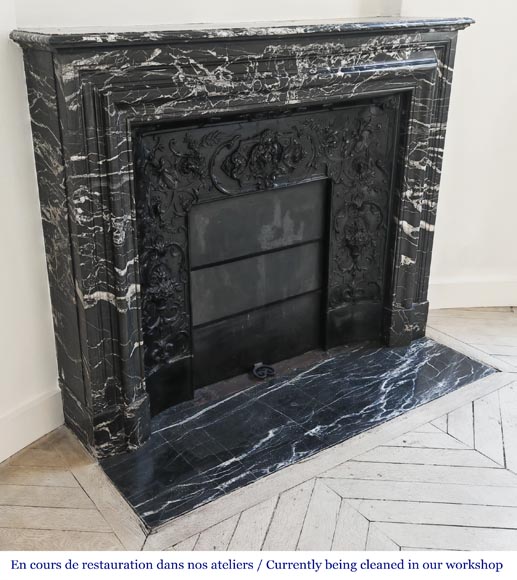 Louis XIV style fireplace in highly veined black Marquina marble-2