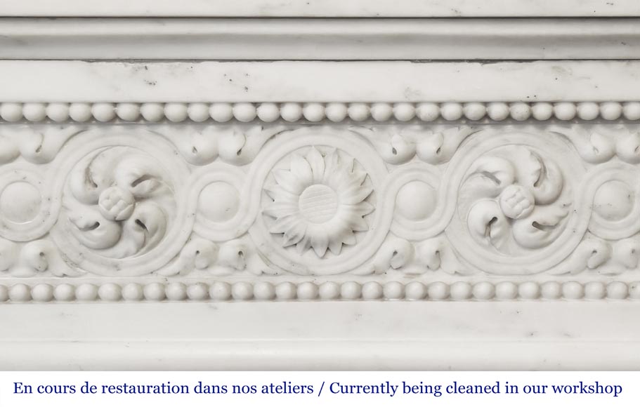 Louis XVI style fireplace decorated with macarons and pearls, in Carrara marble Louis XVI style fireplace decorated with macarons and pearls, in Carrara marble-1