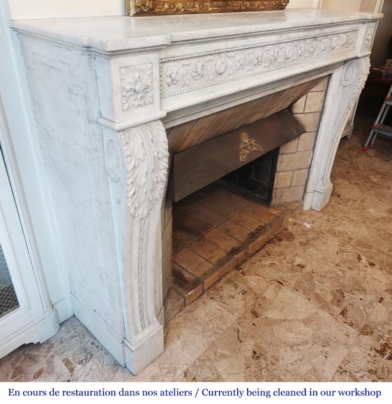 Louis XVI style fireplace decorated with macarons and pearls, in Carrara marble Louis XVI style fireplace decorated with macarons and pearls, in Carrara marble-3