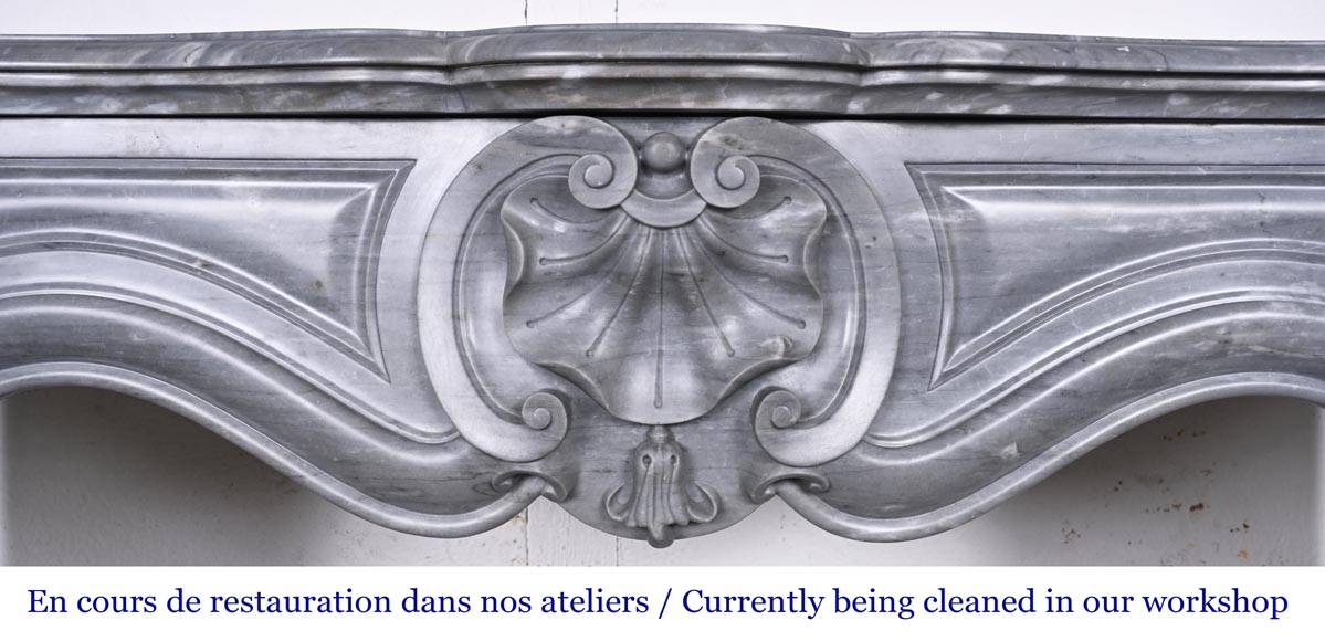 Small Louis XV style fireplace decorated with a shell, in blue Turquin marble-1