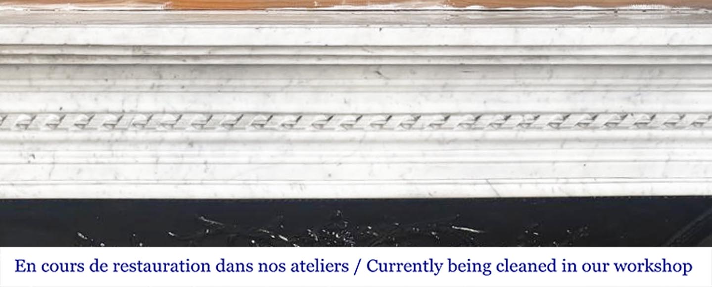 Louis XVI style fireplace in Carrara marble, decorated with ribbons and floral rosettes Louis XVI style fireplace in Carrara marble, decorated with ribbons and floral rosettes-1