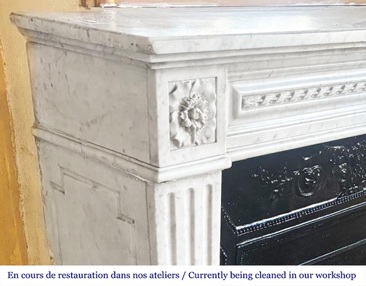 Louis XVI style fireplace in Carrara marble, decorated with ribbons and floral rosettes Louis XVI style fireplace in Carrara marble, decorated with ribbons and floral rosettes-3