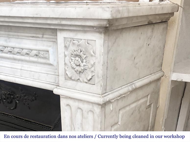 Louis XVI style fireplace in Carrara marble, decorated with ribbons and floral rosettes Louis XVI style fireplace in Carrara marble, decorated with ribbons and floral rosettes-6