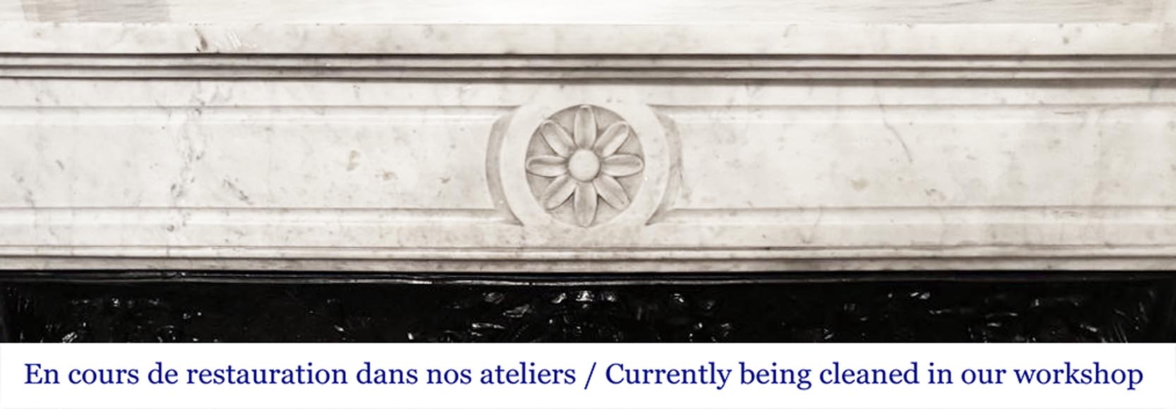 Louis XVI style fireplace with rounded corners, decorated with a daisy, in Carrara marble-1