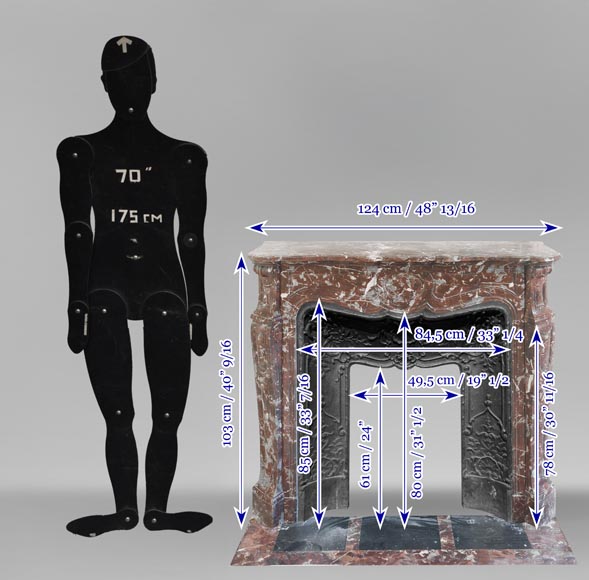 Louis XV style Pompadour model fireplace, in red northern marble-10