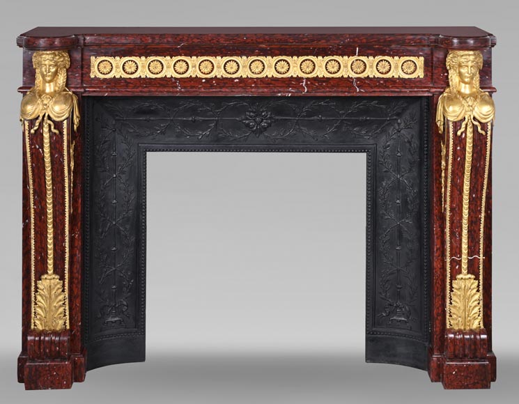 Louis XVI style fireplace in griotte red marble with gilt bronze decoration Louis XVI style fireplace in griotte red marble with gilt bronze decoration-0