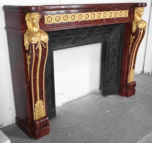 Louis XVI style fireplace in griotte red marble with gilt bronze decoration Louis XVI style fireplace in griotte red marble with gilt bronze decoration-3
