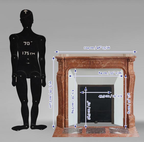 Louis XV style Pompadour model fireplace in red-orange marble-10