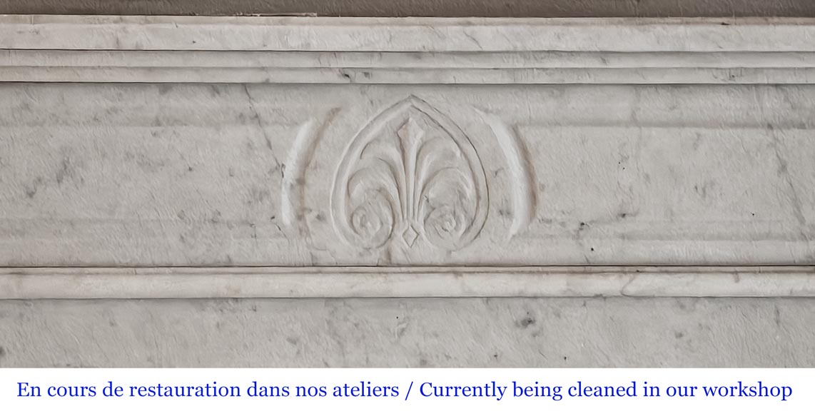 Louis XVI style fireplace in Carrara marble, decorated with a palmette-1