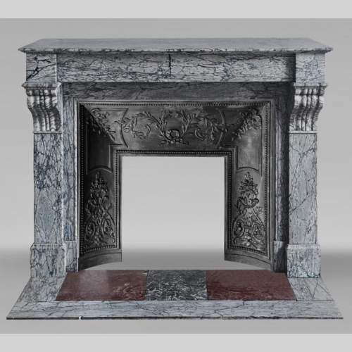Napoleon III style fireplace with modillions, in blue Turquin marble
