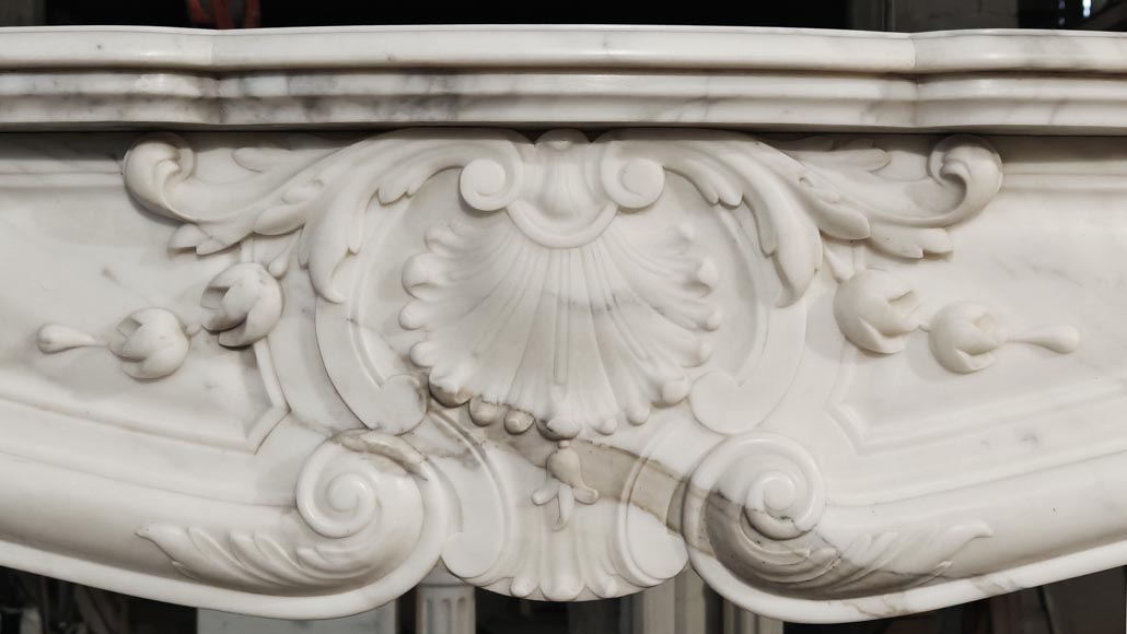 Large Louis XV style fireplace in Arabescato marble, decorated with shells-1