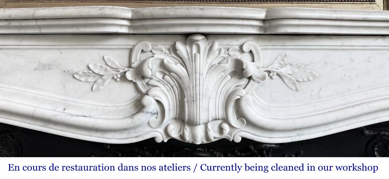 Louis XV style fireplace in Carrara marble, decorated with a palmette Louis XV style fireplace in Carrara marble, decorated with a palmette-1