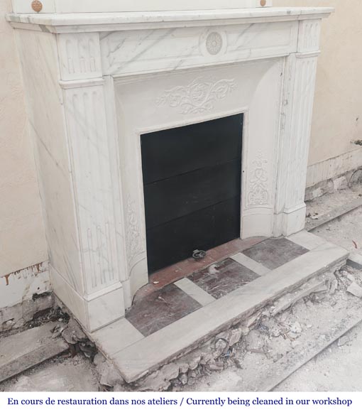 Louis XVI style fireplace in semi-statuary marble, decorated with a sunflower-2