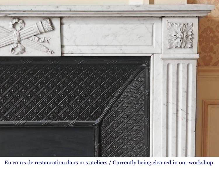 Louis XVI style fireplace in Carrara marble decorated with a torch and a quiver-6