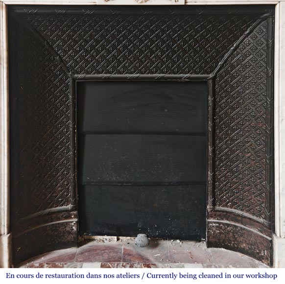 Louis XVI style fireplace in Carrara marble decorated with a torch and a quiver-8
