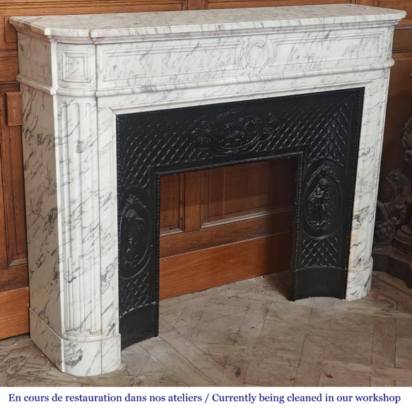 Louis XVI style fireplace with rounded corners, in Arabescato marble-2