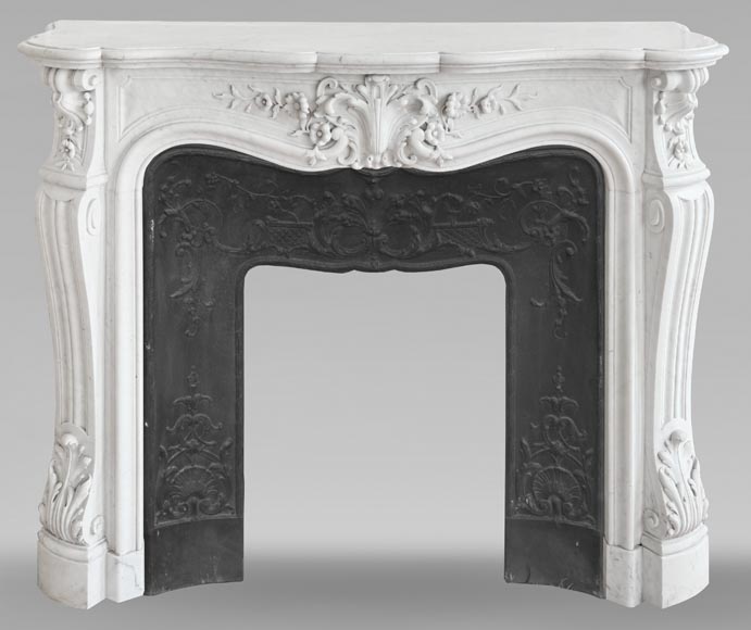 Louis XV style fireplace in Carrara marble, with richly sculpted floral decoration-0