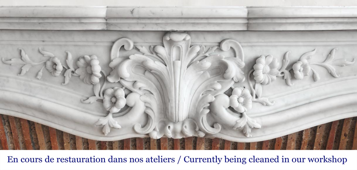 Louis XV style fireplace in Carrara marble, with richly sculpted floral decoration-1