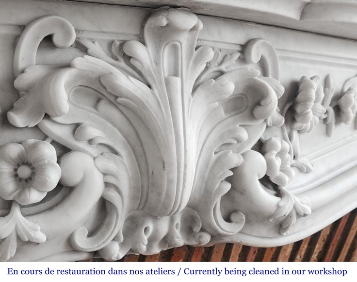 Louis XV style fireplace in Carrara marble, with richly sculpted floral decoration-2
