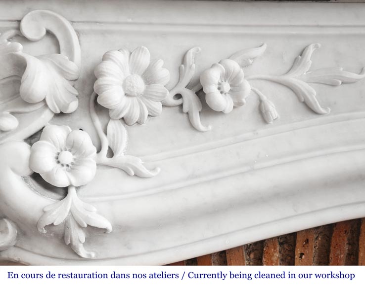 Louis XV style fireplace in Carrara marble, with richly sculpted floral decoration-3