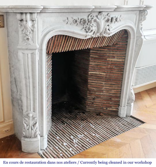 Louis XV style fireplace in Carrara marble, with richly sculpted floral decoration-4