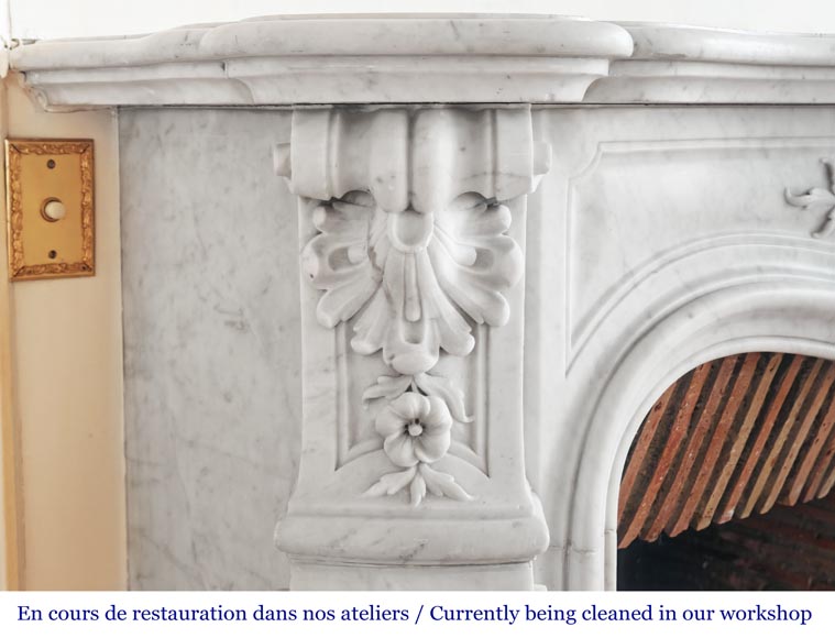 Louis XV style fireplace in Carrara marble, with richly sculpted floral decoration-5