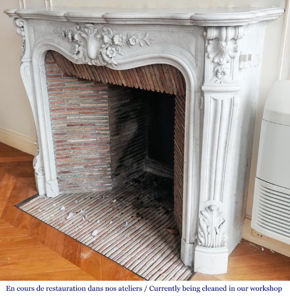 Louis XV style fireplace in Carrara marble, with richly sculpted floral decoration-7
