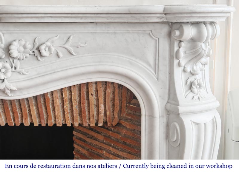 Louis XV style fireplace in Carrara marble, with richly sculpted floral decoration-8