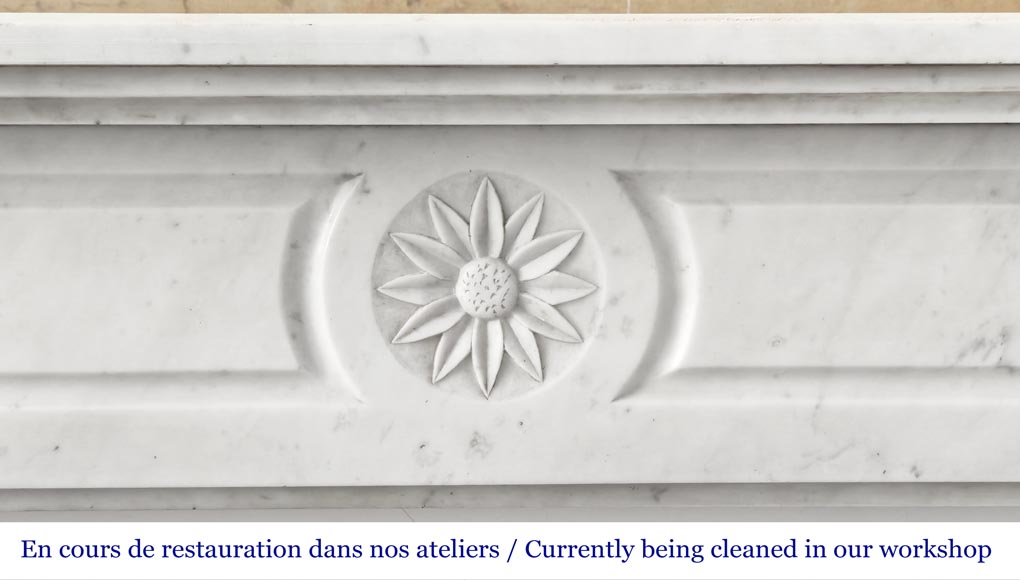 Louis XVI style fireplace in Carrara marble, decorated with a flower Louis XVI style fireplace in Carrara marble, decorated with a flower-1