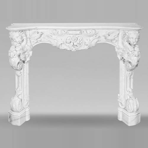 Late 18th-century Venetian fireplace in statuary marble, featuring animal ornamentation