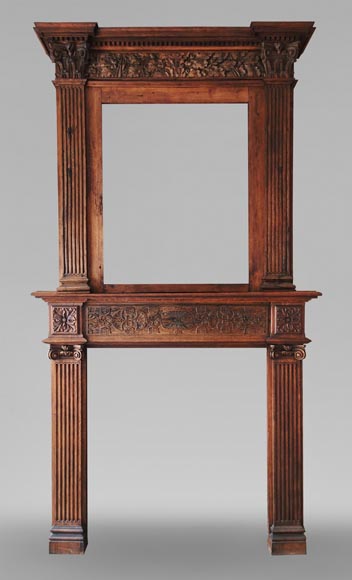 Louis XVI style oak fireplace, decorated with an oak-leaf frieze and surmounted by its oak overmantel-0