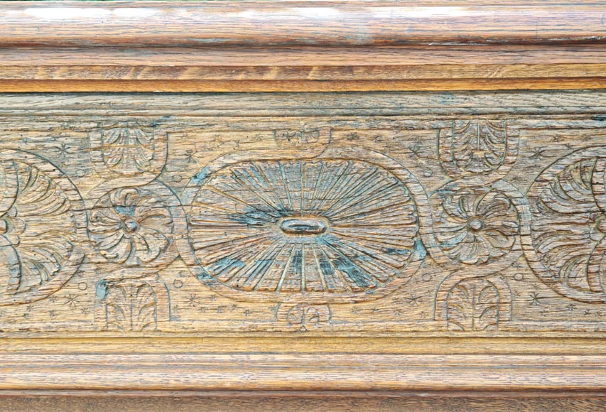 Louis XVI style oak fireplace, decorated with an oak-leaf frieze and surmounted by its oak overmantel-1