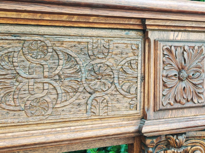 Louis XVI style oak fireplace, decorated with an oak-leaf frieze and surmounted by its oak overmantel-2
