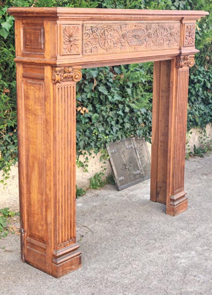 Louis XVI style oak fireplace, decorated with an oak-leaf frieze and surmounted by its oak overmantel-3