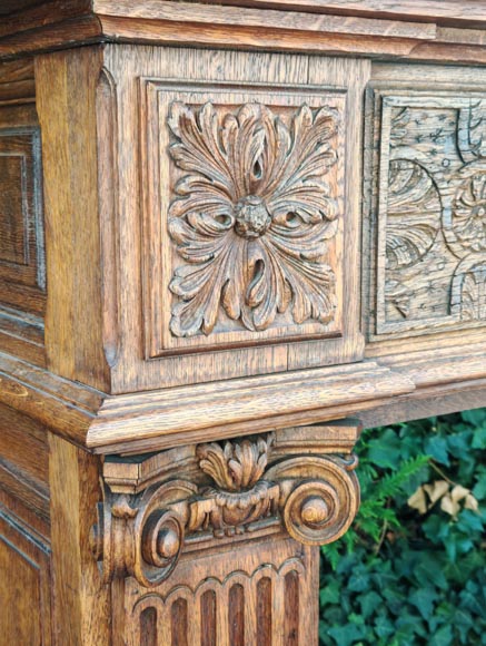 Louis XVI style oak fireplace, decorated with an oak-leaf frieze and surmounted by its oak overmantel-5