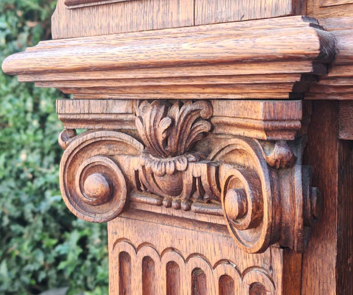 Louis XVI style oak fireplace, decorated with an oak-leaf frieze and surmounted by its oak overmantel-6