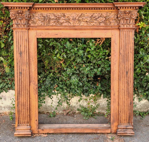 Louis XVI style oak fireplace, decorated with an oak-leaf frieze and surmounted by its oak overmantel-12