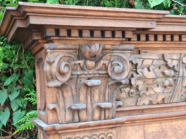 Louis XVI style oak fireplace, decorated with an oak-leaf frieze and surmounted by its oak overmantel-14