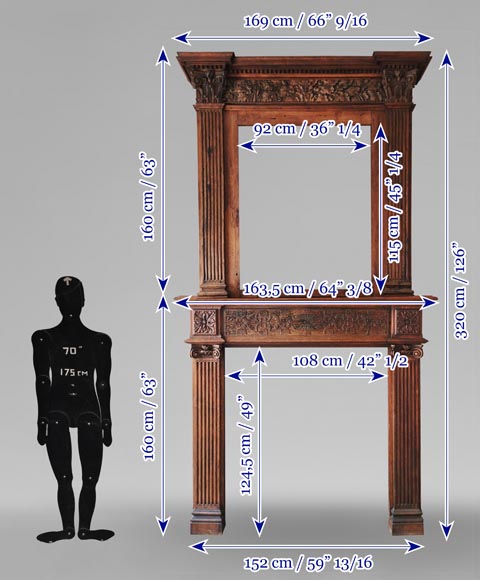 Louis XVI style oak fireplace, decorated with an oak-leaf frieze and surmounted by its oak overmantel-17