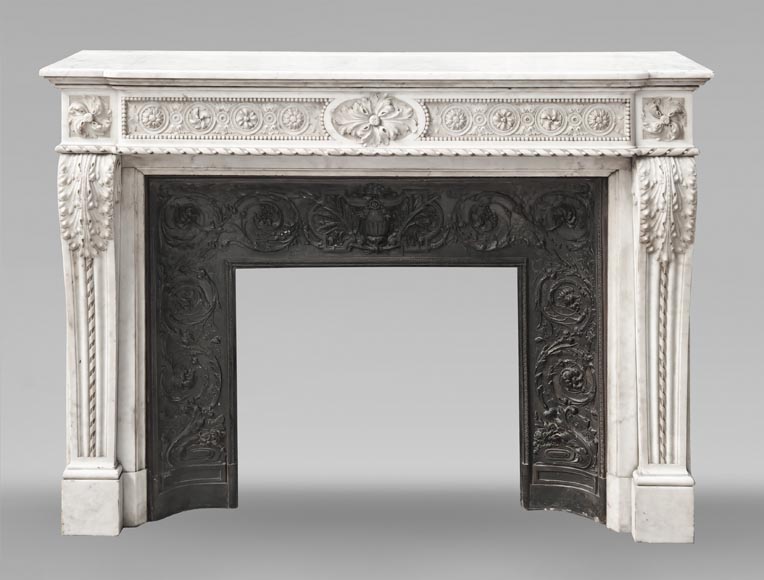 Louis XVI style Carrara marble fireplace with bead and rosette ornamentation Louis XVI style Carrara marble fireplace with bead and rosette ornamentation-0
