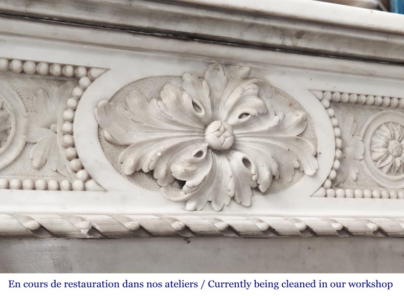 Louis XVI style Carrara marble fireplace with bead and rosette ornamentation Louis XVI style Carrara marble fireplace with bead and rosette ornamentation-2