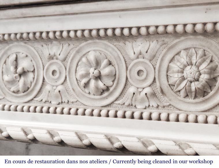 Louis XVI style Carrara marble fireplace with bead and rosette ornamentation Louis XVI style Carrara marble fireplace with bead and rosette ornamentation-4