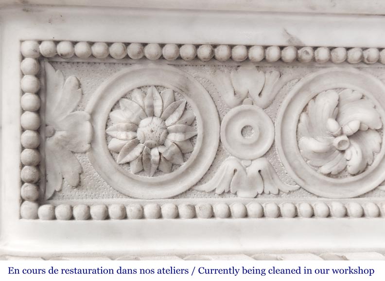 Louis XVI style Carrara marble fireplace with bead and rosette ornamentation Louis XVI style Carrara marble fireplace with bead and rosette ornamentation-5